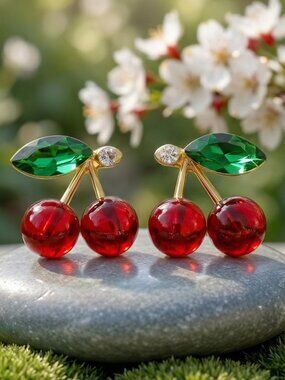 925 Silver Post Red Cherry Crystal Stud Earrings Coquette Coconut Girl Gold Tone